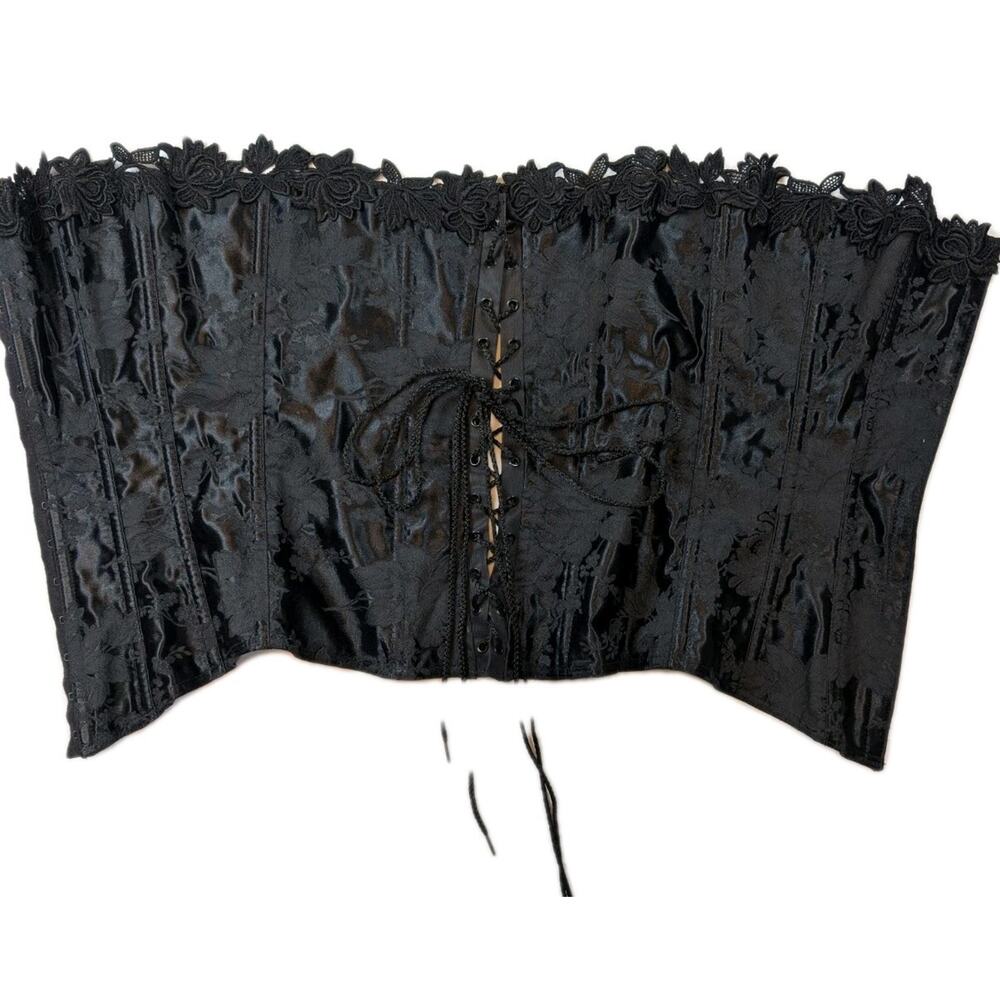 Vintage Y2K Black Satin Floral Lace Up Corset Top 32 USA Gothic Statement Alt